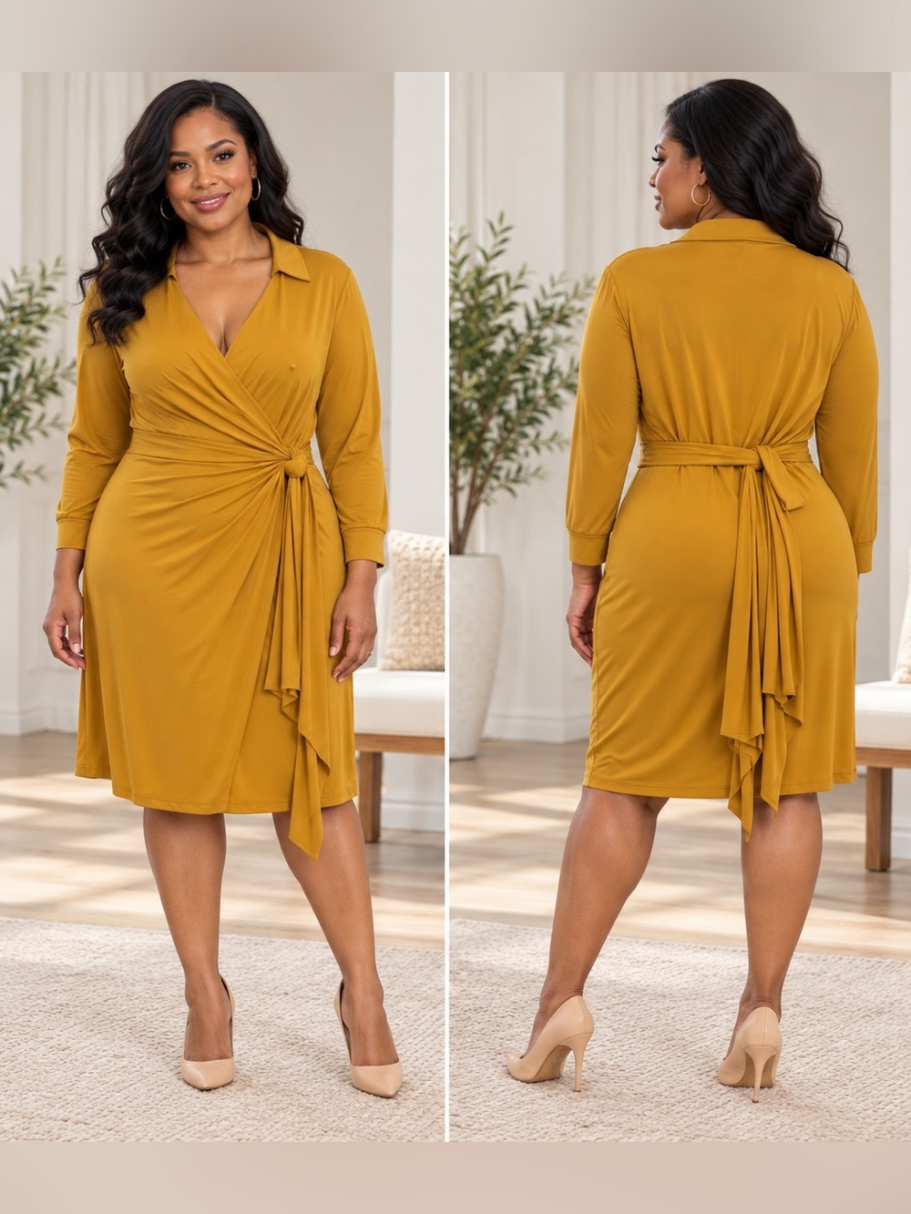 Lark & Ro Mustard Yellow Long Sleeve Wrap Dress XXL Plus Size